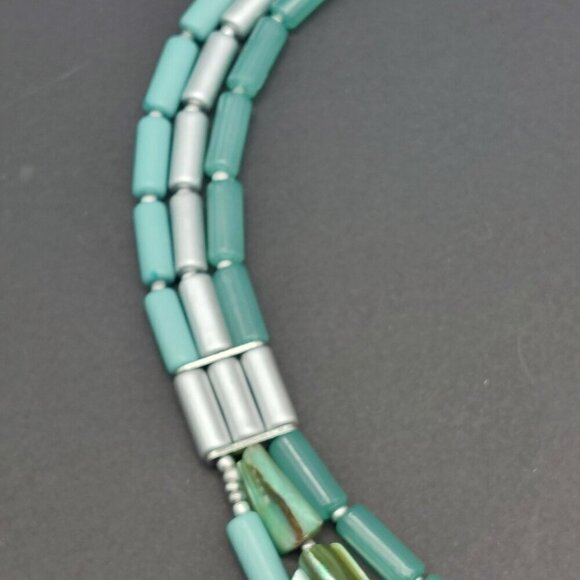 Aqua Blue & Silver Tone Multi Strand Collar Bib Necklace Dangle Hammered Discs - Picture 8 of 10